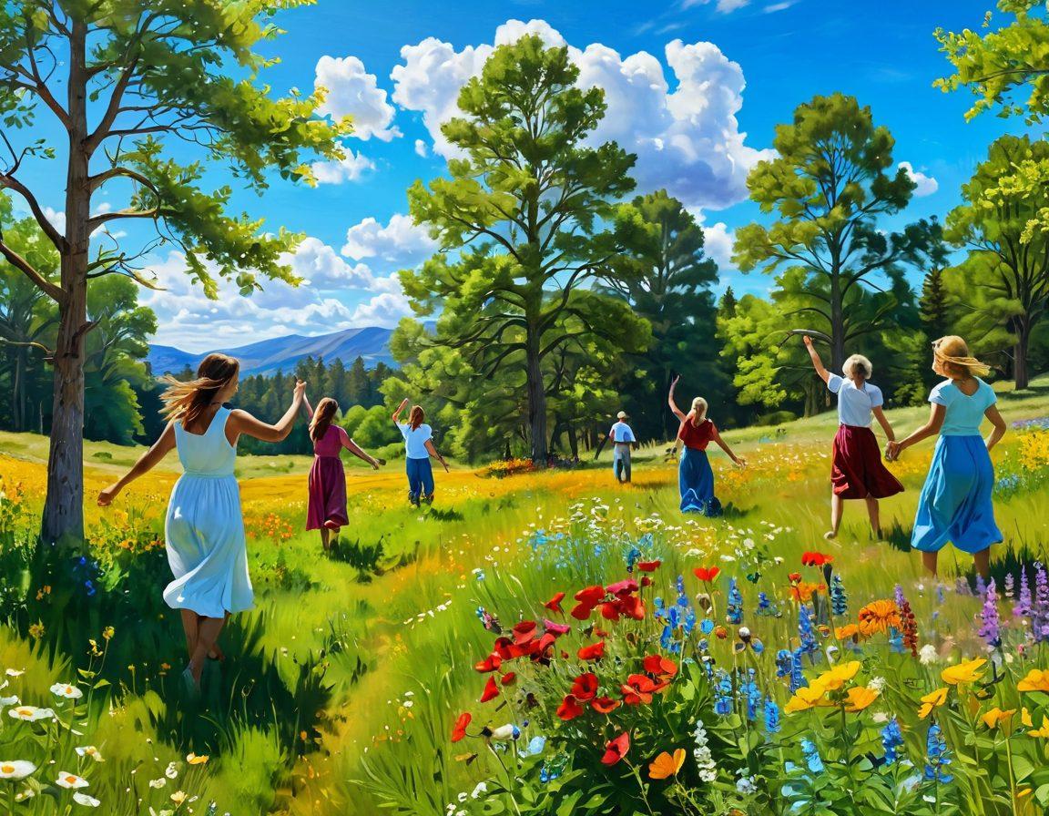 A serene landscape with a sunlit meadow filled with vibrant wildflowers, where a diverse group of people of all ages are engaging in joyful activities like dancing, painting, and laughing together. In the background, a clear blue sky with fluffy clouds and trees swaying gently in the breeze. The overall atmosphere is one of happiness, connection, and positivity. super-realistic. vibrant colors. 3D.