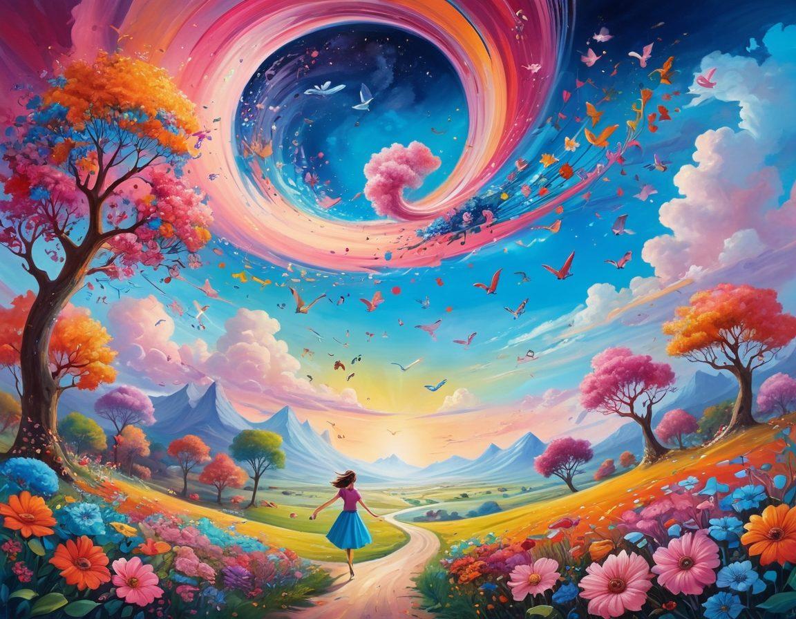 A vibrant scene of a person joyfully painting a surreal landscape filled with whimsical flowers, flying books, and playful animals. Bright colors dominate the canvas, embodying creativity and happiness. The sky is a swirl of pinks and blues, symbolizing dreams and imagination. Surrounding the artist, elements of music and dance add movement and rhythm, creating an atmosphere of pure joy. surreal art. vibrant colors. whimsical style.