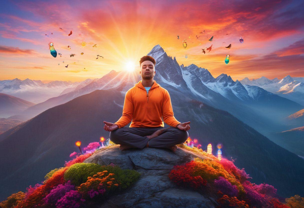A confident person meditating atop a mountain peak, surrounded by vibrant colors symbolizing creativity and positivity, with glowing light bulbs and gears floating around them to represent genius ideas. In the background, an inspiring sunrise illuminates the sky, indicating new beginnings. The overall atmosphere is uplifting and motivational. super-realistic. vibrant colors. scenic landscape.